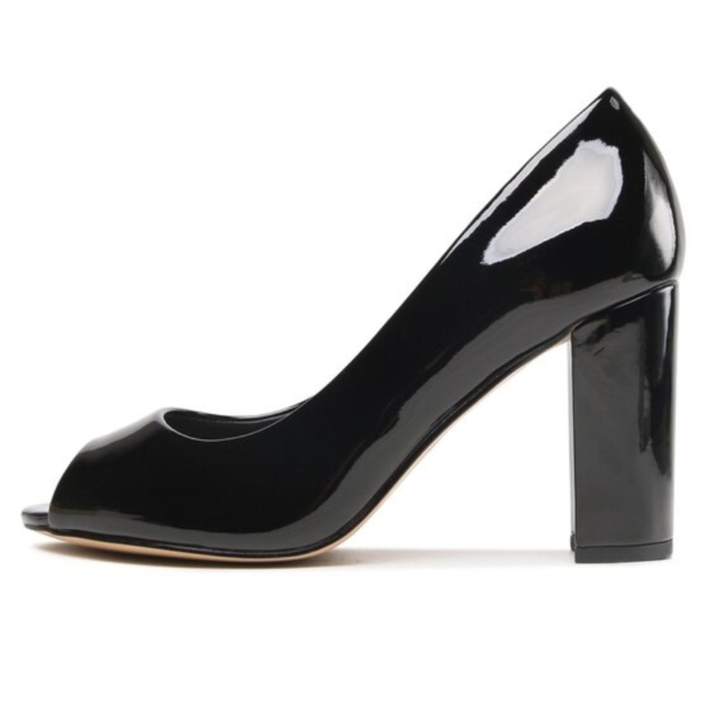 DKNY Black Patent Leather Block Heel Peep-Toe Heels
